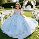 Princess Pageant Dress With Train Sky Blue 2026 Birthday Gown Kids Beaded Lace Flower Girl Dress Customized Wedding Party Frock