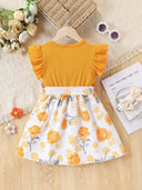 Girl's Floral Print Knitted Skirt Casual Sweet Cute Waist Cinched Knee High Round Neck Dress Summer Fashion Children's Clothing