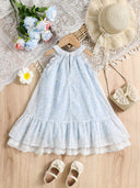 Little Girls Blue Floral Halter Dress Summer Sleeveless Ruffle Lace Hem Princess Sundress Kids Elegant Chiffon Wedding Birthday