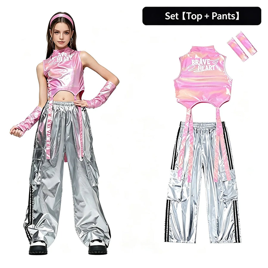 Girls K-pop Shiny Crop Top Cargo Pants Street Dance Shorts Kids Hip Hop Jazz Clothes Sets Children Streetwear Girl Group Costume