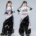 Kid Kpop Hip Hop Clothing White Print Long Sleeve Crop T Shirt Top Black Faux Leather Cargo Pants for Girl Dance Costume Clothes