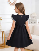 Little Girls' Princess Dress with Big Black Bow, Summer Puff Sleeve Dress