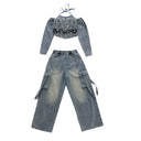 Girls Street Dance K-pop Denim Crop Top Cargo Jeans Pants Kids Hip Hop Jazz Shorts Clothes Children Streetwear Stage Costume