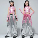 Girls K-pop Shiny Crop Top Cargo Pants Shorts Kids Hip Hop Jazz Street Dance Clothes Set Children Streetwear Girl Group Costume