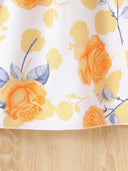 Girl's Floral Print Knitted Skirt Casual Sweet Cute Waist Cinched Knee High Round Neck Dress Summer Fashion Children's Clothing
