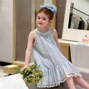 Little Girls Blue Floral Halter Dress Summer Sleeveless Ruffle Lace Hem Princess Sundress Kids Elegant Chiffon Wedding Birthday