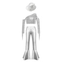 Kids Girls Jazz Dance Outfits Hip Hop Performance Costume Shiny Sequin Tassels Crop Top with Bell-bottom Metallic Pants And Hat