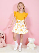 Girl's Floral Print Knitted Skirt Casual Sweet Cute Waist Cinched Knee High Round Neck Dress Summer Fashion Children's Clothing