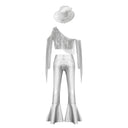 Kids Girls Jazz Dance Outfits Hip Hop Performance Costume Shiny Sequin Tassels Crop Top with Bell-bottom Metallic Pants And Hat