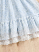 Little Girls Blue Floral Halter Dress Summer Sleeveless Ruffle Lace Hem Princess Sundress Kids Elegant Chiffon Wedding Birthday