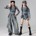 Girls Street Dance K-pop Denim Crop Top Cargo Jeans Pants Kids Hip Hop Jazz Shorts Clothes Children Streetwear Stage Costume