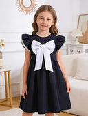 Little Girls' Princess Dress with Big Black Bow, Summer Puff Sleeve Dress