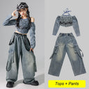 Girls Street Dance K-pop Denim Crop Top Cargo Jeans Pants Kids Hip Hop Jazz Shorts Clothes Children Streetwear Stage Costume