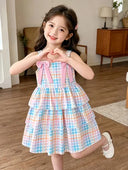 Little Girls' Colorful Plaid Cami Tiered Dress, Sleeveless with Pink Bow Decoration, Multi‑Layer Skirt for Little Girls