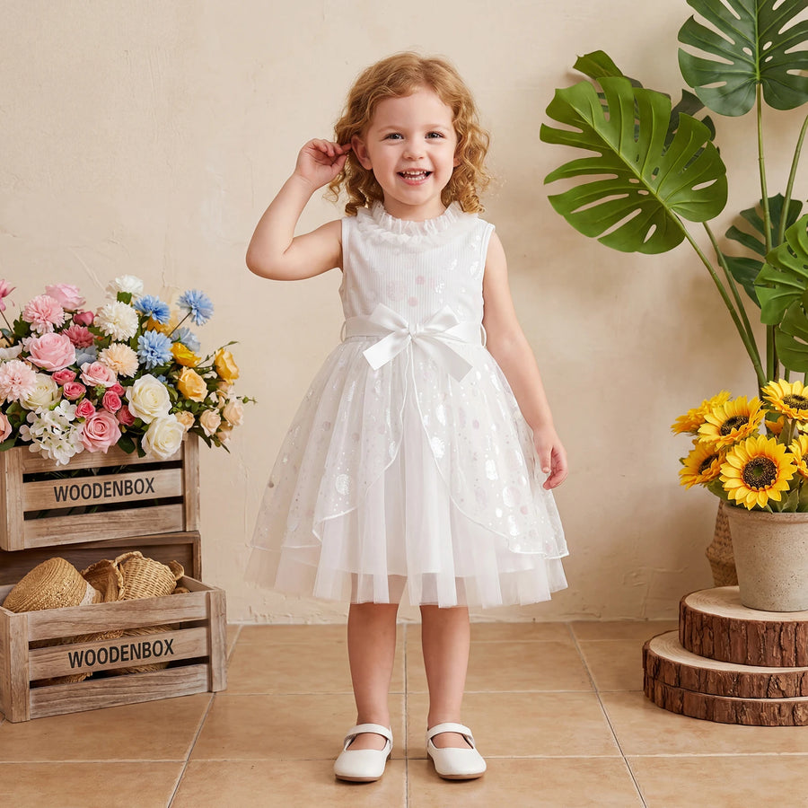 3-10Y Little Girl Summer White Princess Dress Kids Sleeveless Crew Neck Lace Mesh Party Dress with Belt 2026 New