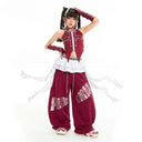 Girls Street Dance Kpop Clothing Crop Tops Baggy Hip Hop Pants Wine Red Set Jazz Dance Clothes Group Stage Performance Costume