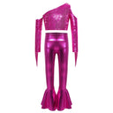 Kids Girls Jazz Dance Outfits Hip Hop Performance Costume Shiny Sequin Tassels Crop Top with Bell-bottom Metallic Pants And Hat