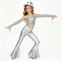 Kids Girls Jazz Dance Outfits Hip Hop Performance Costume Shiny Sequin Tassels Crop Top with Bell-bottom Metallic Pants And Hat