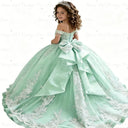Princess Pageant Dress With Train Sky Blue 2026 Birthday Gown Kids Beaded Lace Flower Girl Dress Customized Wedding Party Frock