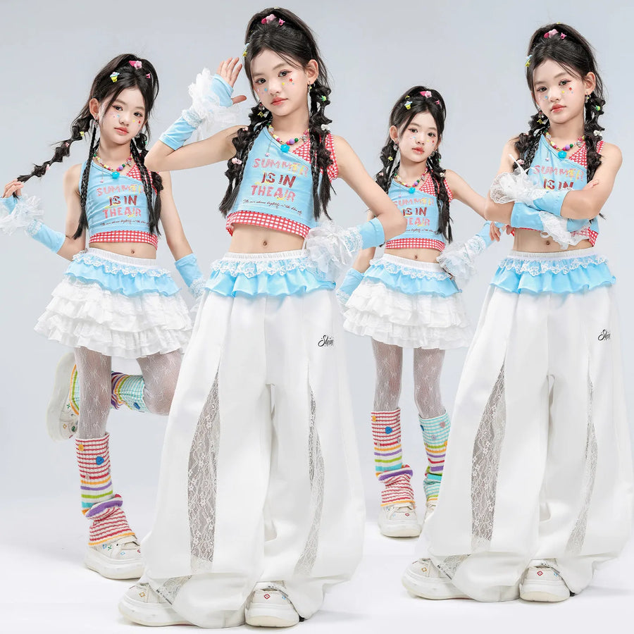 Teen Girls Hip Hop Street Dance Costume Set Children Lace Crop Top And Pants with Skirt K-pop Streetwear Kids Jazz Group Outfit