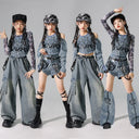 Girls Street Dance K-pop Denim Crop Top Cargo Jeans Pants Kids Hip Hop Jazz Shorts Clothes Children Streetwear Stage Costume